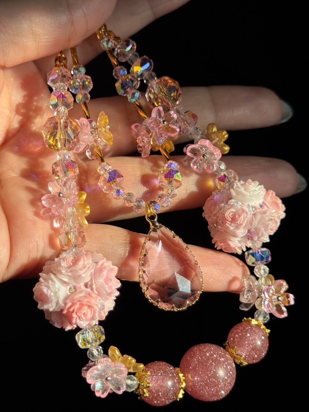 Phone wristlet/ Purse Charm - Pink Floral Crystal Pendant